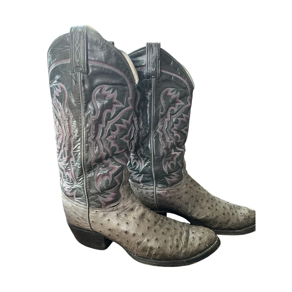 Vintage Tony Lama Mens Cowboy Boots Full Quill Ostrich 8610 Gray Size 7.5 E READ